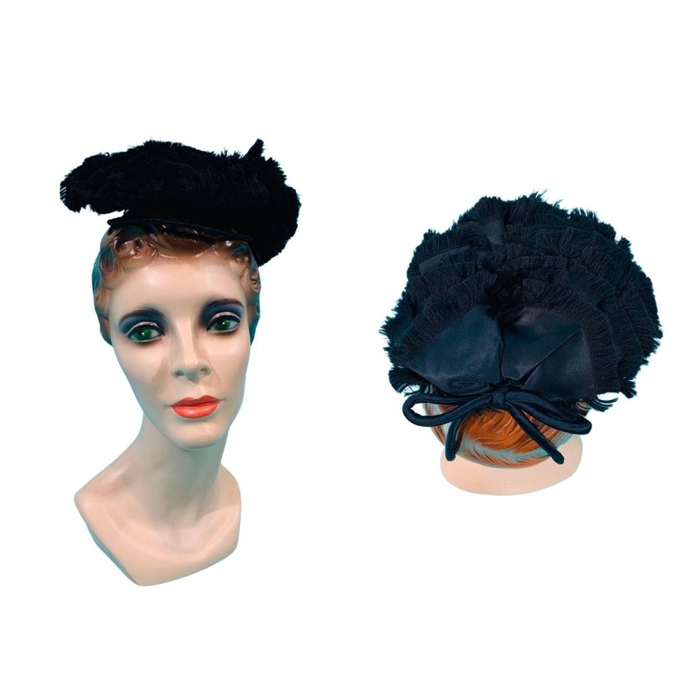 Vintage 30s Black Hat Women's Topper Fringe With Wire Loop